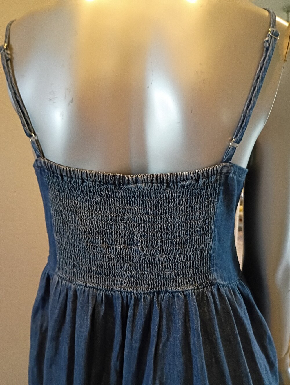 GAP- Tie-Front Spaghetti Strap Tiered Maxi Dress Dark Blue Soft Denim Sz Med/Pet - Picture 4 of 11